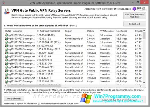 Скриншот программы VPN Gate для Windows 7