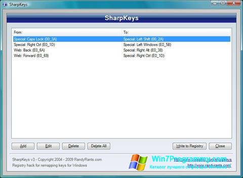 Скриншот программы SharpKeys для Windows 7