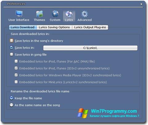 Скриншот программы MiniLyrics для Windows 7