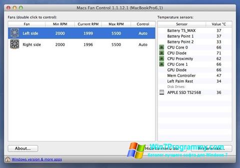 Скриншот программы Macs Fan Control для Windows 7